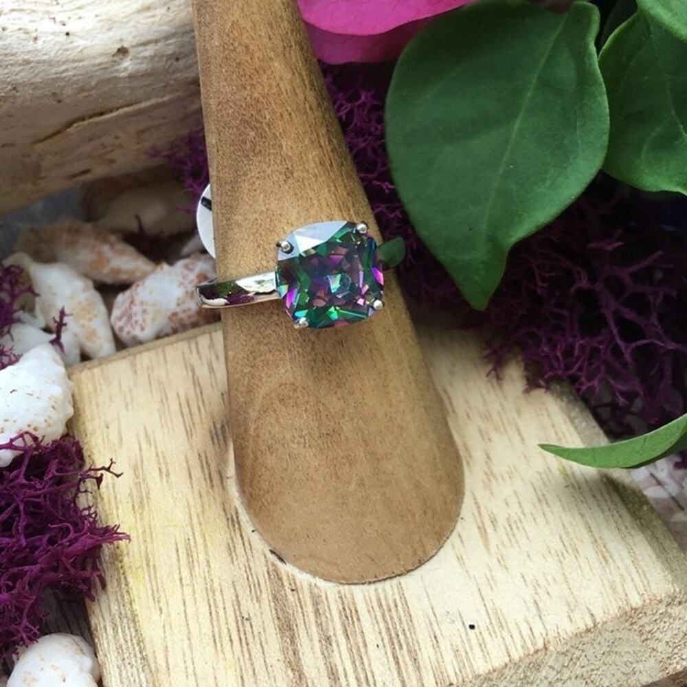 Rainbow Topaz Cushion Cut Sterling Silver Ring